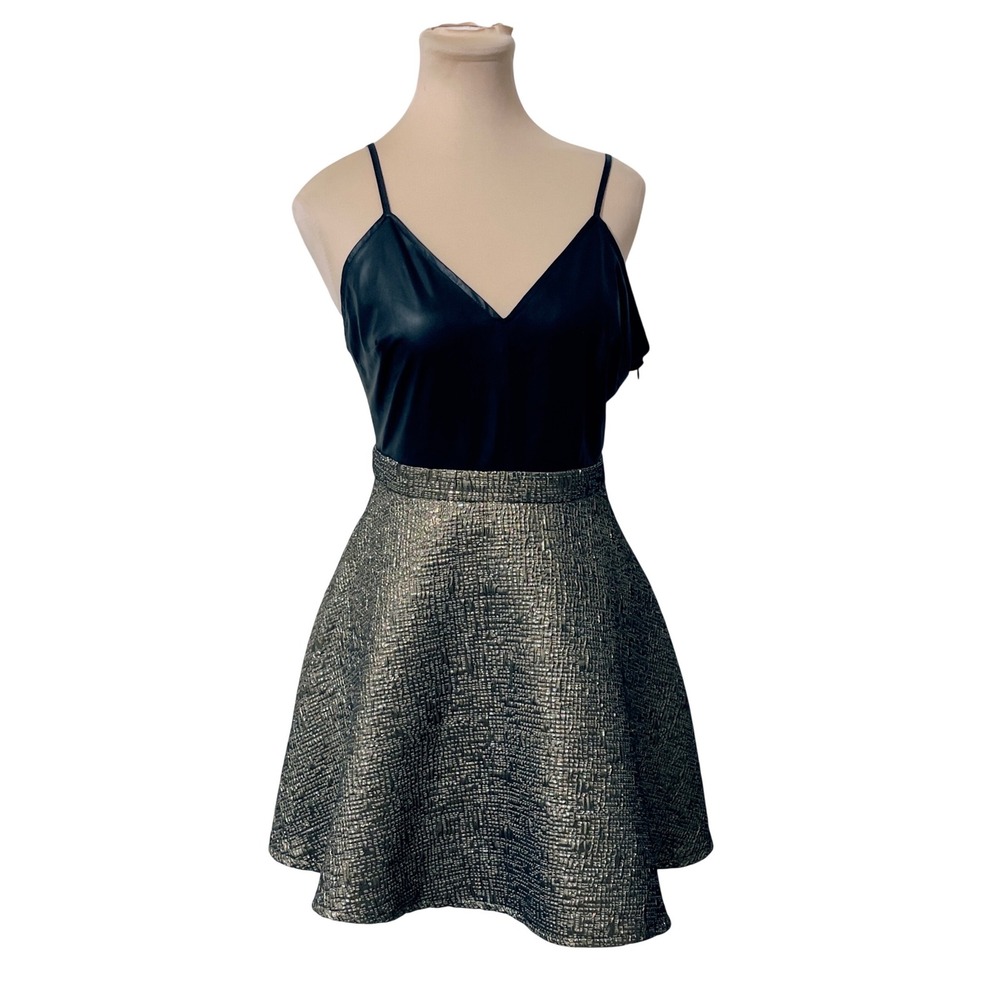 Akira Chicago Women Dress M Black Gold Metallic Faux Leather Fit Flare Cocktail
